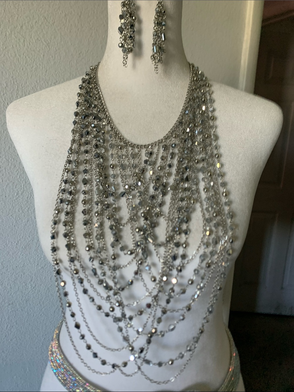 NWOT Silver Multi-Strand Crystal Statement Necklace and Earring Set